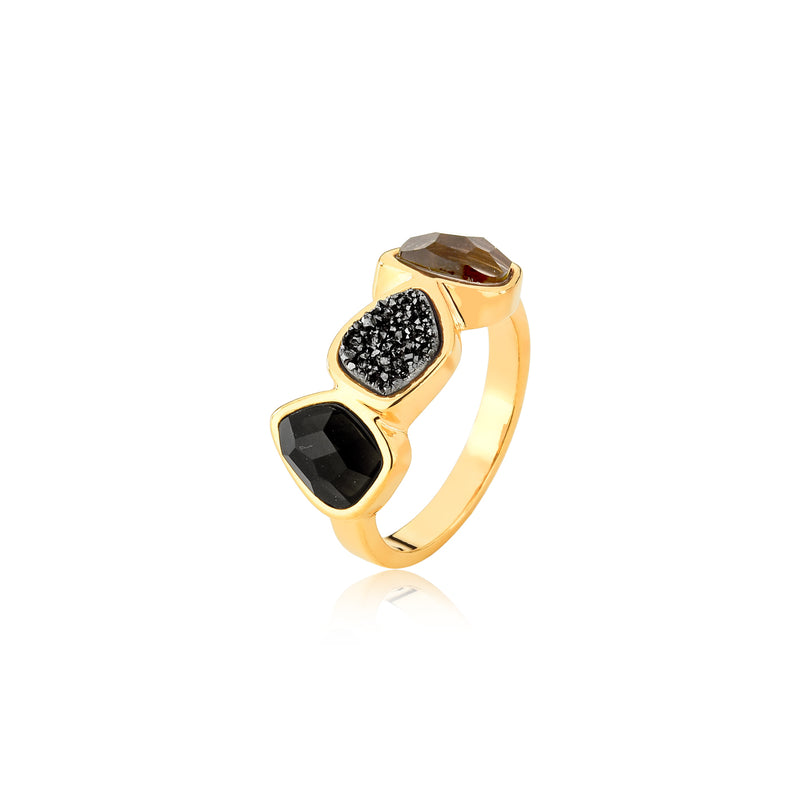 BLACK OBSIDIAN/BLACK DRUZE/SMOKY QUARTZ RING